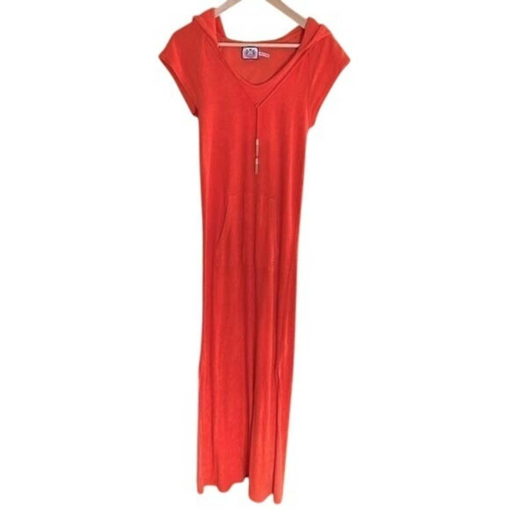 Vintage Juicy Couture Orange Terry Cloth Hooded Maxi Dress Sleeveless Y2K Small
